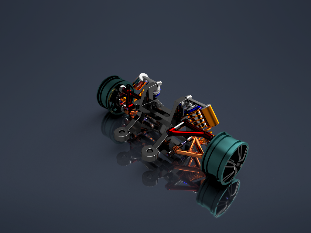 Detailed car suspension assembly with coilover shocks, control arms, hubs and wheels