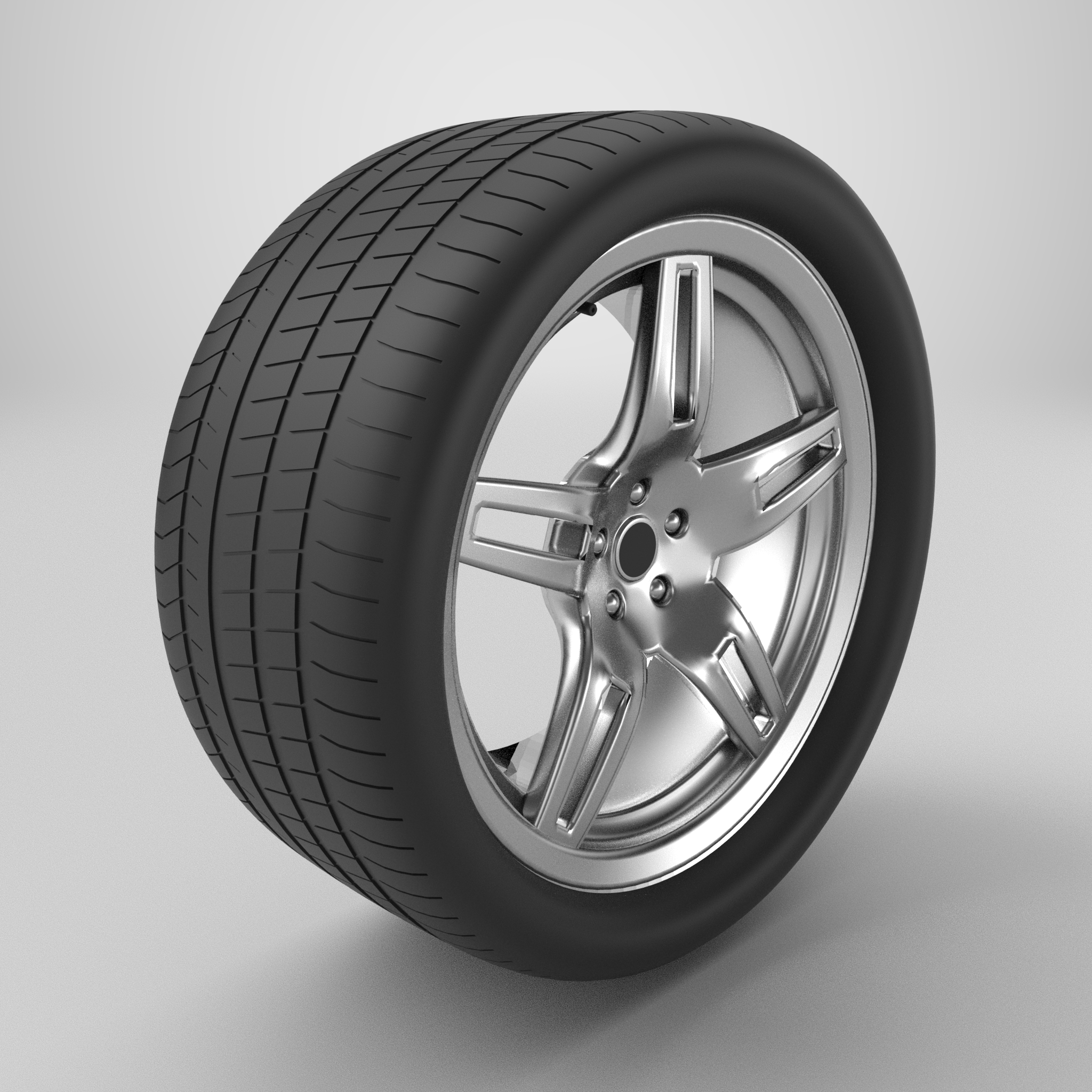 Five-spoke alloy wheel with a treaded tyre